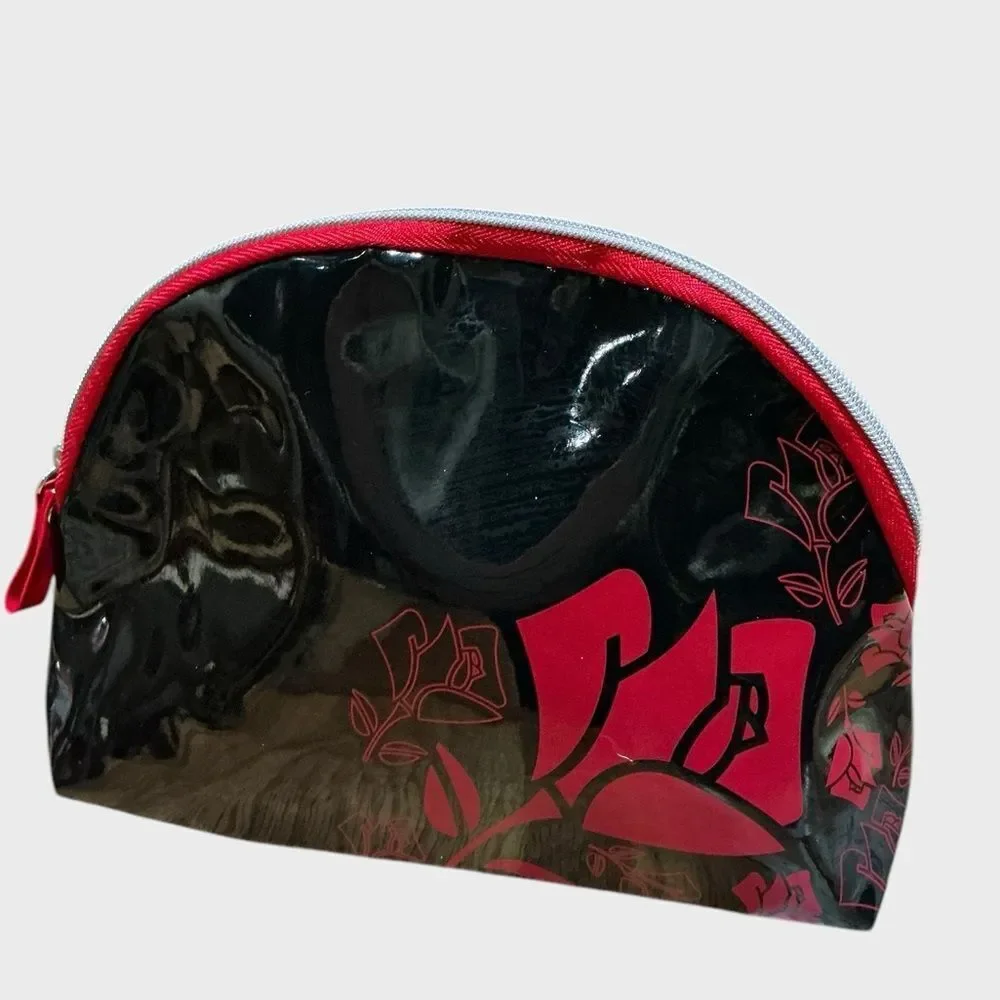 Lancôme Patent Floral Makeup Bag Cosmetic Pouch Travel Case Black Red
